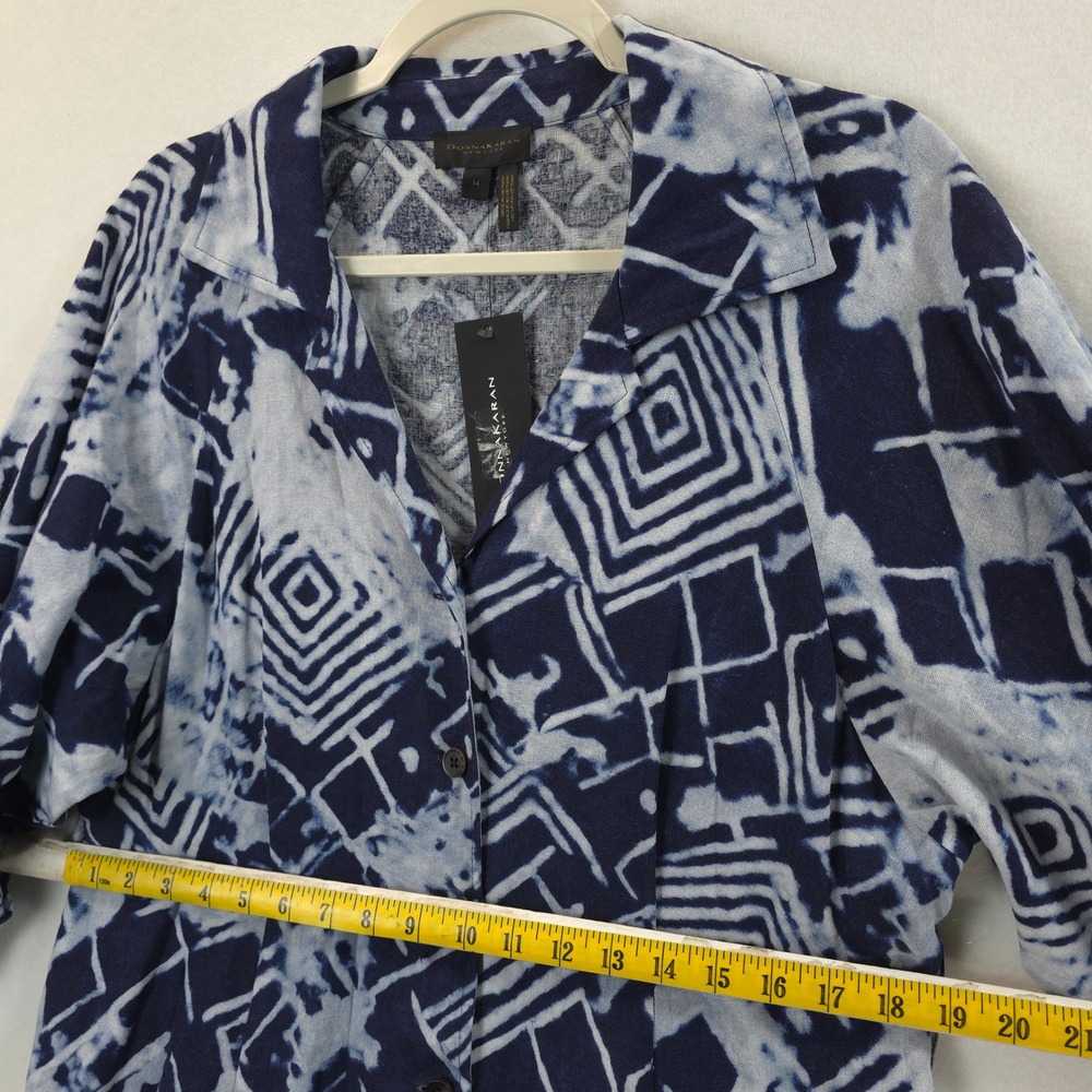 Donna Karan New York Linen Blend Shirt Dress 14 Blue Abstract NWT Coastal Chic - Picture 8 of 13